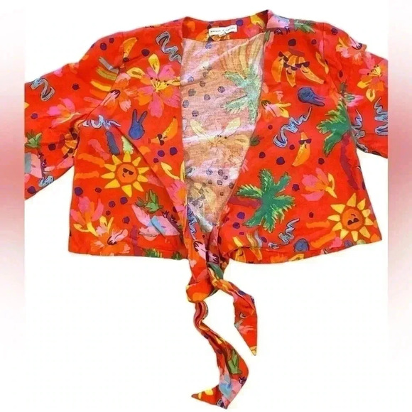 Maison d’Amelie Tropical Tie Front Linen Blend V-Neck 3/4 Sleeve Top Size Small - Picture 5 of 10